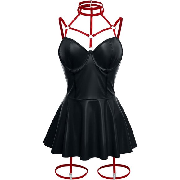 Women Black Red Strappy Leather Underwire Choker Garter Belt Lingerie Set Dress - Picture 6 of 6